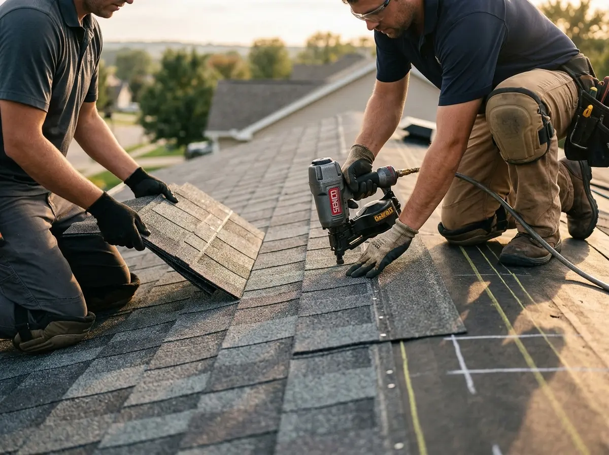Professional roofer working on a residential roof in Hereford